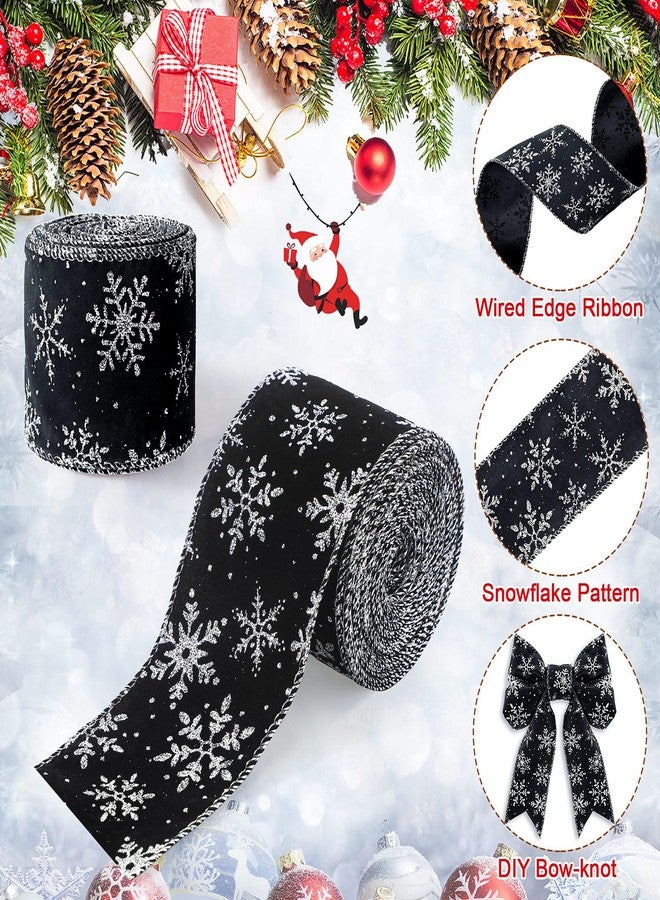 Unittype 2 Rolls/ 20 Yards Christmas Velvet Wired Ribbons with Snowflake Pattern 2.5'' Wide Xmas Craft Gift Wrapping Ribbon for Christmas Tree Wreath Decoration DIY Bows Supplies(Black) - Image 2